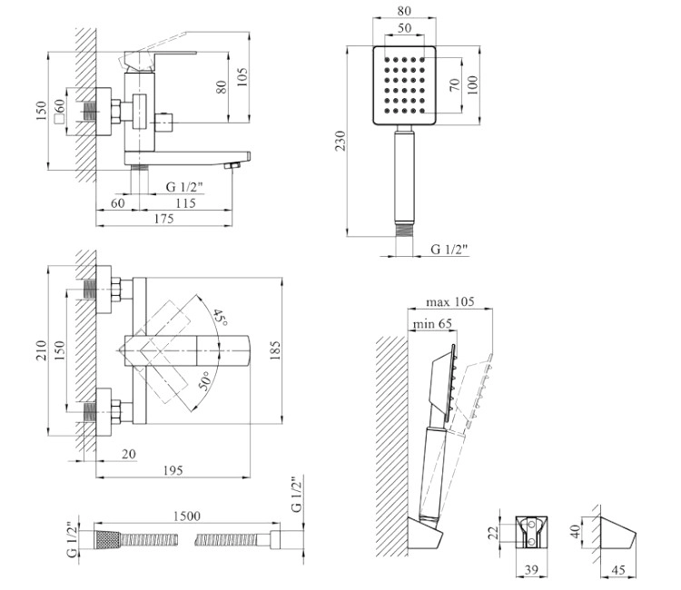 Смеситель для ванны чёрный 17409 