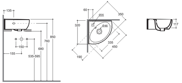Умывальник Keramin Lago угловой 45 белый 1c
