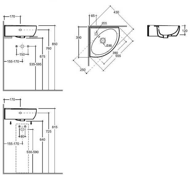 Умывальник Keramin Lago угловой 55 белый 1c 
